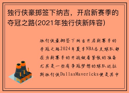 独行侠豪掷签下纳吉，开启新赛季的夺冠之路(2021年独行侠新阵容)