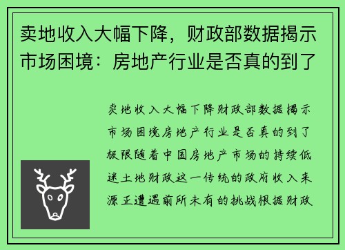 卖地收入大幅下降，财政部数据揭示市场困境：房地产行业是否真的到了极限？