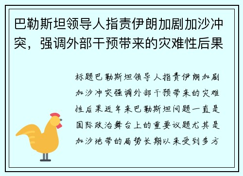 巴勒斯坦领导人指责伊朗加剧加沙冲突，强调外部干预带来的灾难性后果