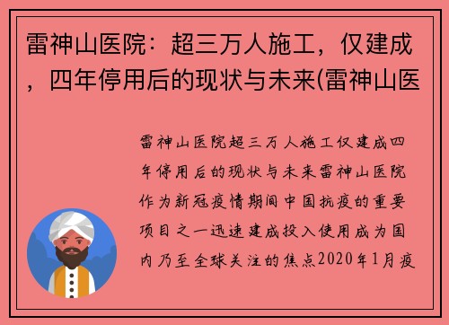 雷神山医院：超三万人施工，仅建成，四年停用后的现状与未来(雷神山医院原来是什么地方)